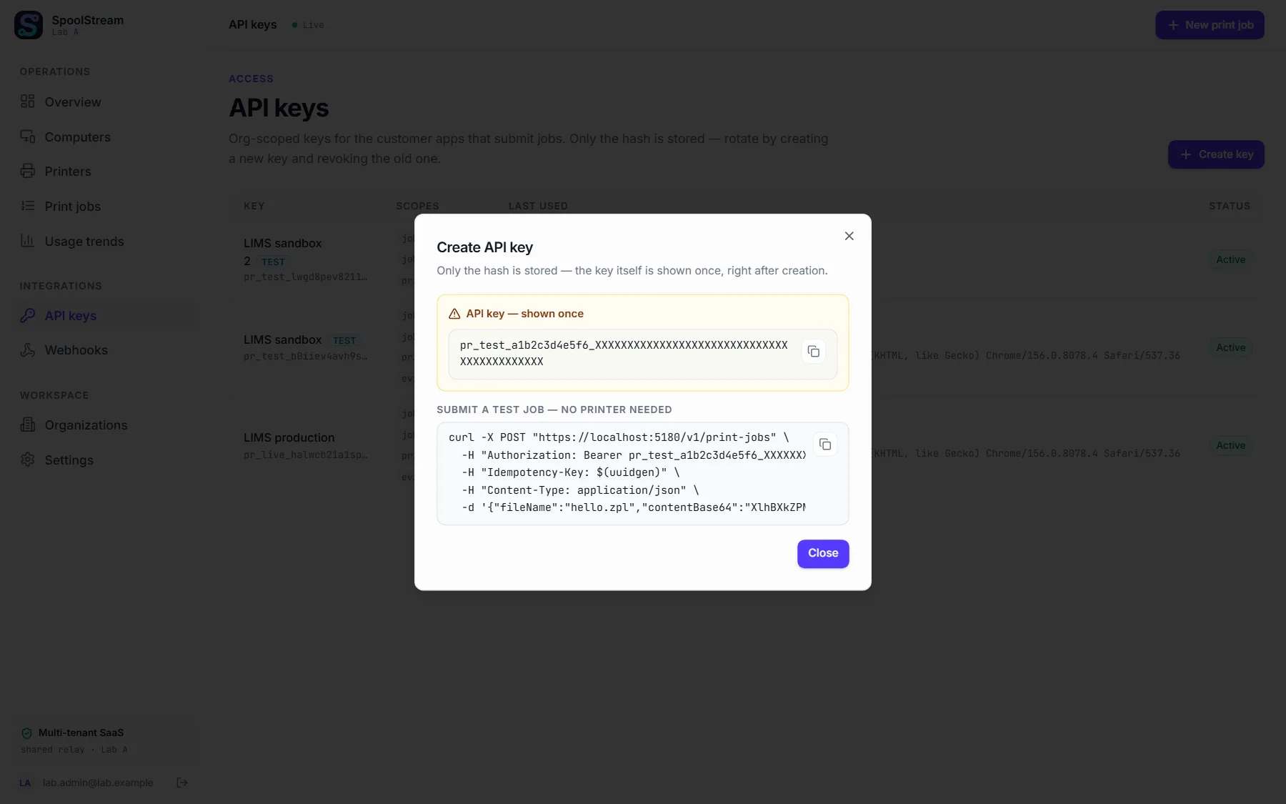 The new job form of the dashboard with the virtual printer chosen, ready to send a test document.